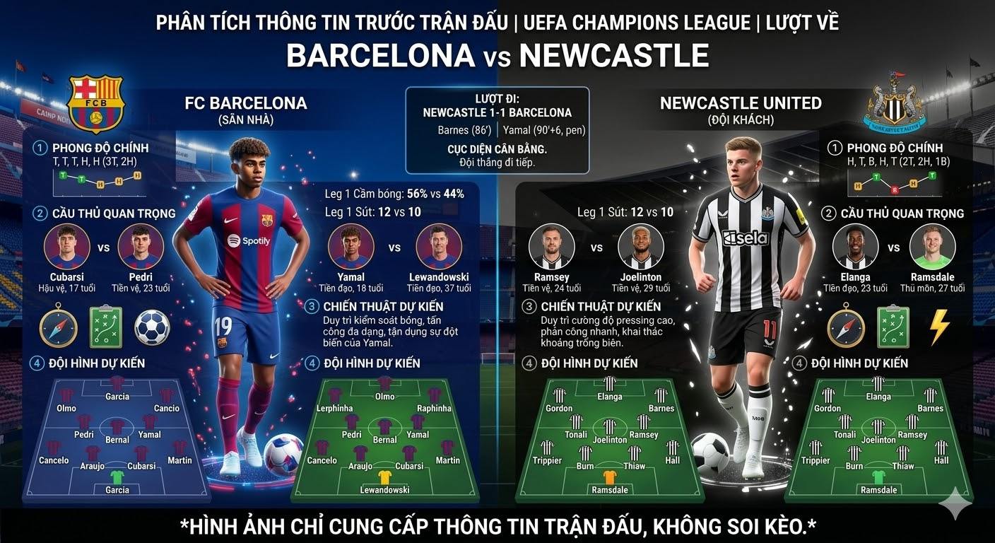 Phân tích thông tin trước trận Barcelona vs Newcastle