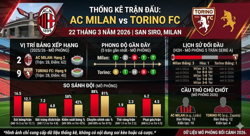 Thống kê về trận Milan vs Torino | 22 tháng 3 năm 2026